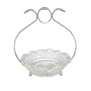 Diamond Point Cut Glass Silver tone Frame Ruffled Condiment Dish Early Vtg